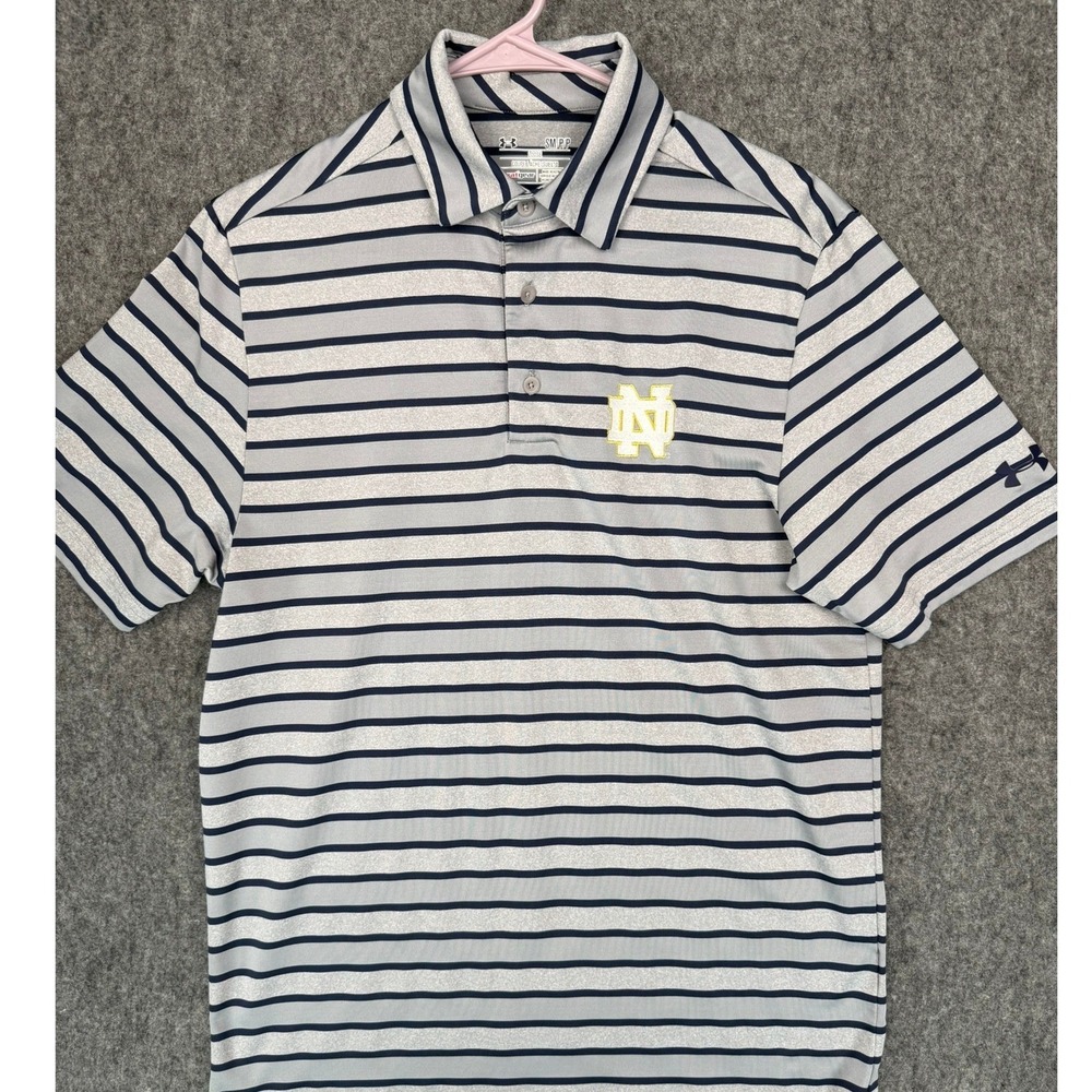 Under Armour Notre Dame Striped Polo Shirt Grey Navy UM0507 Mens SM